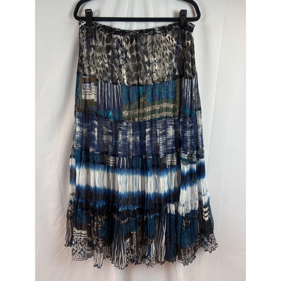 Chico's Dresses & Skirts - Chico's Tiered Patchwork Maxi Skirt Boho Leopard Print Blue White Size Large